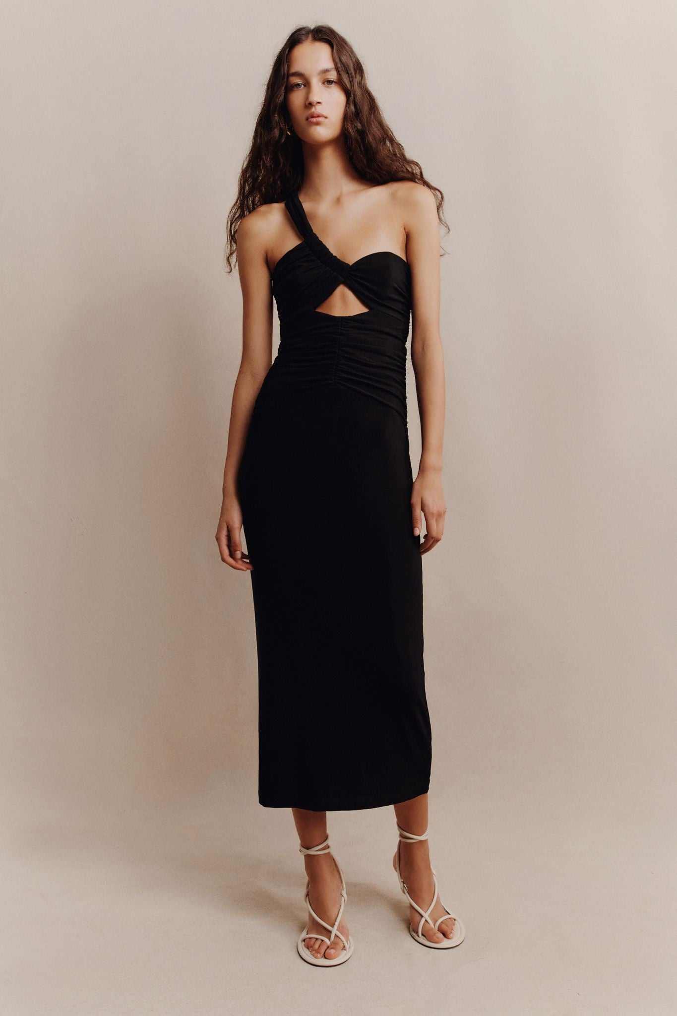 Shona Joy One Shoulder Yvette Midi Dress Black