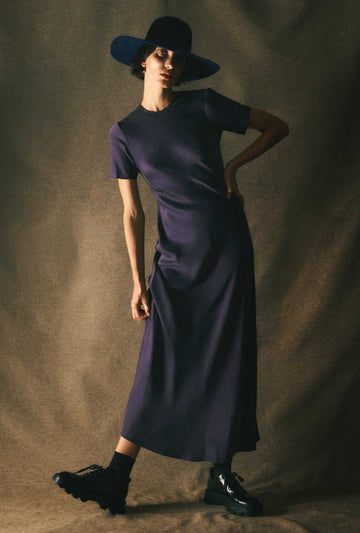 Silk Laundry Short Sleeve Bias Dress Blackberry